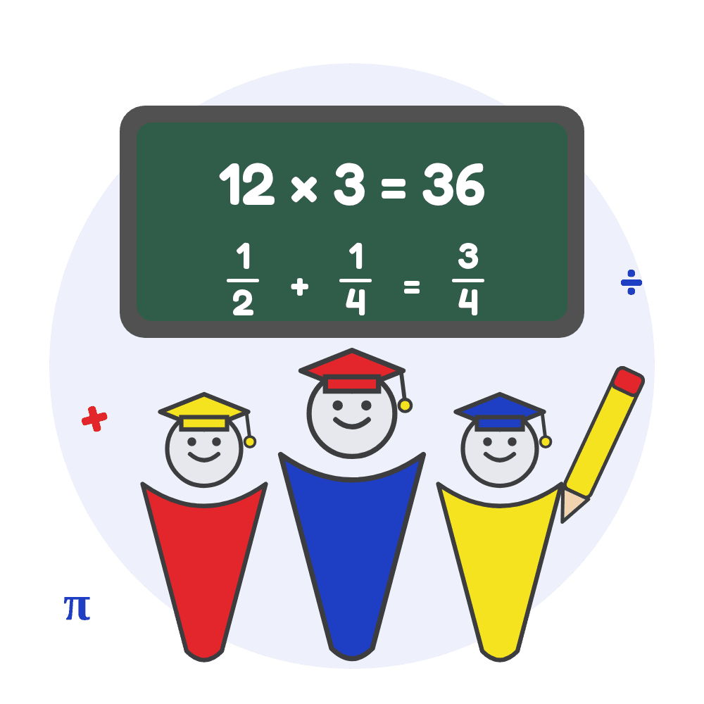 Three smiling students in front of a chalkboard with math problems